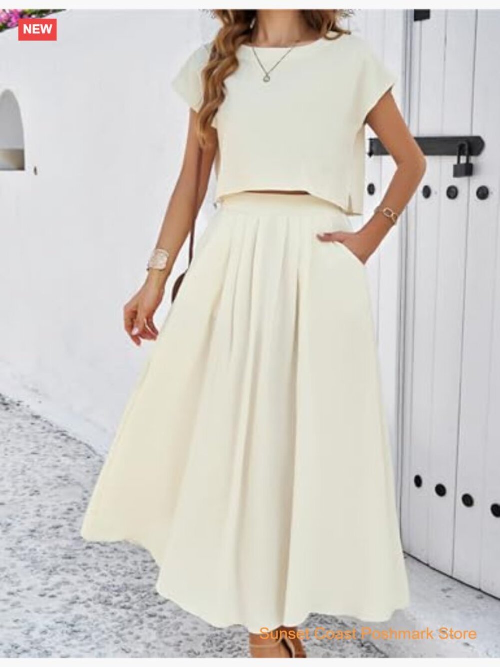 Cap Sleeve Top Elastic Waist Maxi Skirt Set with Pockets 100% Viscose - Picture 5 of 7